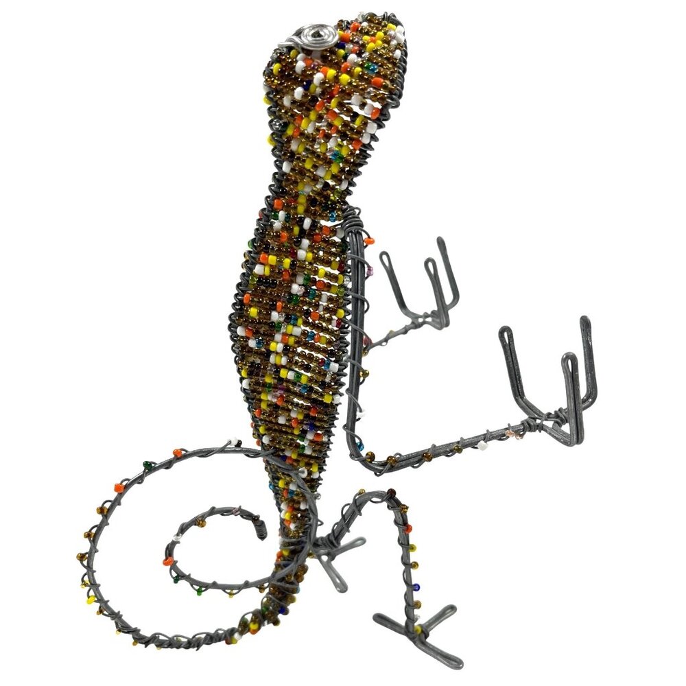 Handmade South Africa Lizard Chameleon Wire Bead Card Pen Pencil Holder Vintage - Picture 2 of 11